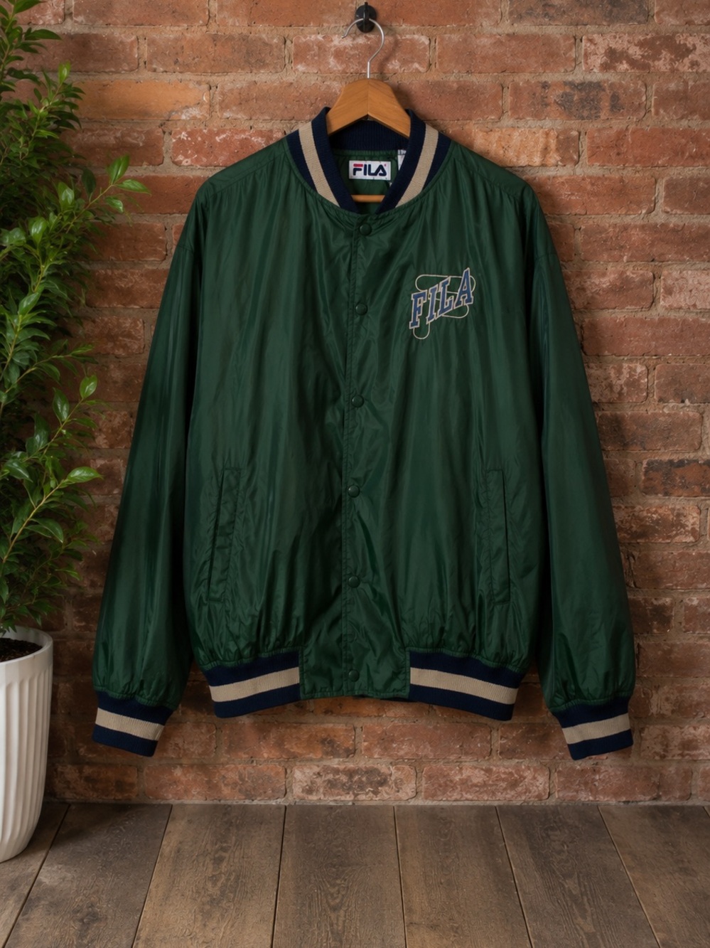 Vintage FILA Athletic Green Snap Front Bomber Jacket Large Oversized Relaxed Fit
